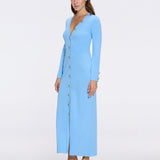 Brezia Blue Knitted Maxi Dress with Long Sleeves and Gold Button Details