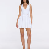 Meditara White Knit Mini Dress with Flared Skirt and Gold Button Details