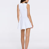 Meditara White Knit Mini Dress with Flared Skirt and Gold Button Details