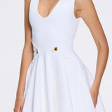 Meditara White Knit Mini Dress with Flared Skirt and Gold Button Details