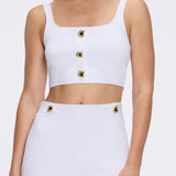 Aureline White Knitted Scoop Neck Gold Buttoned Crop Top