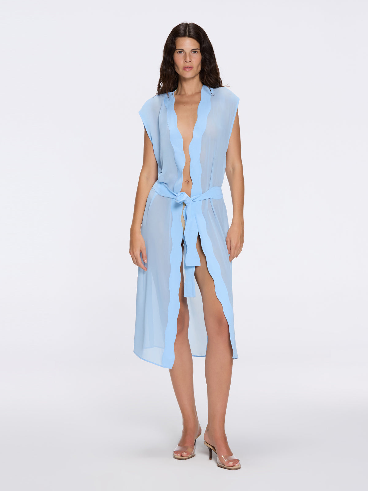 Dela Sleeveless Wavy-Trim Belted Sheer Blue Kaftan | Moeva | Kaftan | Each week unveils new pieces—luxury swimwear, fluid resort silhouettes, and elevated summer-to-evening essentials designed to carry you from coastal escapes to city nights.