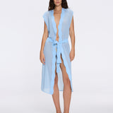 Dela Sleeveless Wavy-Trim Belted Sheer Blue Kaftan