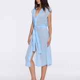 Dela Sleeveless Wavy-Trim Belted Sheer Blue Kaftan