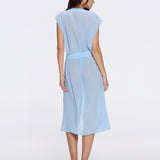 Dela Sleeveless Wavy-Trim Belted Sheer Blue Kaftan
