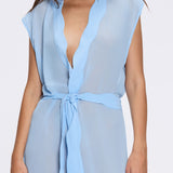 Dela Sleeveless Wavy-Trim Belted Sheer Blue Kaftan