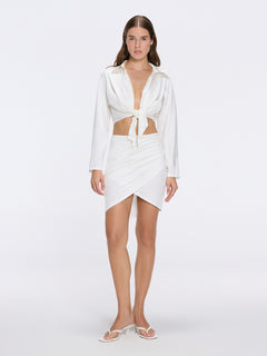 Antonia White Satin High-Waist Wrap Mini Skirt | Moeva | Beachwear Skirts | Each week unveils new pieces—luxury swimwear, fluid resort silhouettes, and elevated summer-to-evening essentials designed to carry you from coastal escapes to city nights.