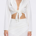Greta White Satin Tie Front Shirt And Antonia Skirt Set | Moeva | Beachwear Tops | Each week unveils new pieces—luxury swimwear, fluid resort silhouettes, and elevated summer-to-evening essentials designed to carry you from coastal escapes to city nights.