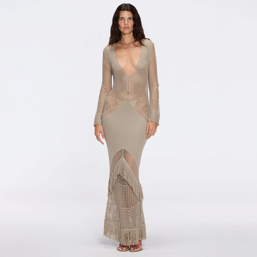 Elba Khaki Long Sleeve Knit Fringe Maxi Dress | Moeva | Dress | Each week unveils new pieces—luxury swimwear, fluid resort silhouettes, and elevated summer-to-evening essentials designed to carry you from coastal escapes to city nights.