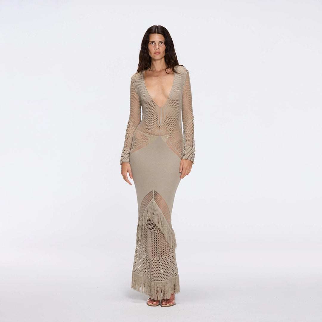 Elba Khaki Long Sleeve Knit Fringe Maxi Dress | Moeva | Dress | Each week unveils new pieces—luxury swimwear, fluid resort silhouettes, and elevated summer-to-evening essentials designed to carry you from coastal escapes to city nights.
