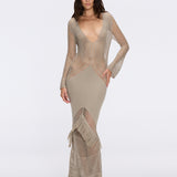 Elba Khaki Long Sleeve Knit Fringe Maxi Dress | Moeva | Dress | Each week unveils new pieces—luxury swimwear, fluid resort silhouettes, and elevated summer-to-evening essentials designed to carry you from coastal escapes to city nights.