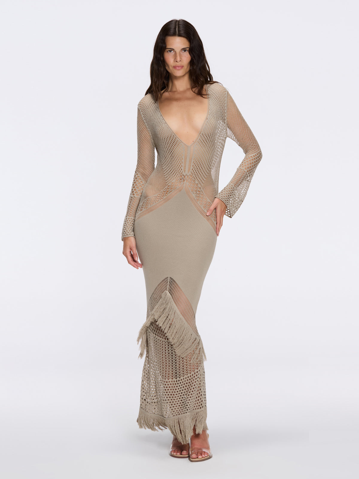Elba Khaki Long Sleeve Knit Fringe Maxi Dress | Moeva | Dress | Each week unveils new pieces—luxury swimwear, fluid resort silhouettes, and elevated summer-to-evening essentials designed to carry you from coastal escapes to city nights.