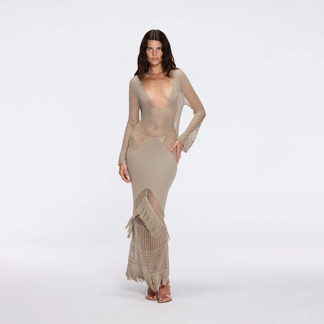 Elba Khaki Long Sleeve Knit Fringe Maxi Dress | Moeva | Dress | Each week unveils new pieces—luxury swimwear, fluid resort silhouettes, and elevated summer-to-evening essentials designed to carry you from coastal escapes to city nights.