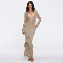Elba Khaki Long Sleeve Knit Fringe Maxi Dress | Moeva | Dress | Each week unveils new pieces—luxury swimwear, fluid resort silhouettes, and elevated summer-to-evening essentials designed to carry you from coastal escapes to city nights.
