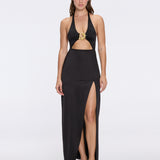 Serres Satin Black Halter Maxi Dress with Cut-Out and Gold Detail