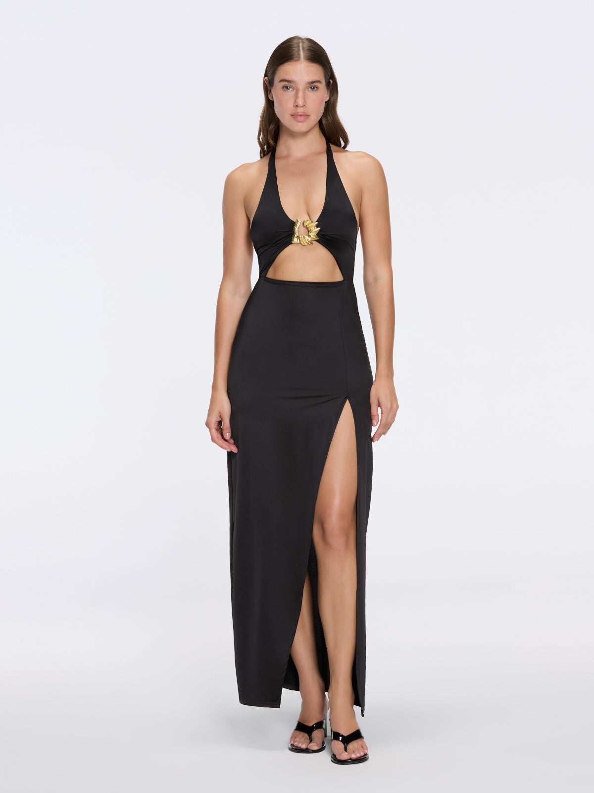 Serres Satin Black Halter Maxi Dress with Cut-Out and Gold Detail | Moeva | Dress | Each week unveils new pieces—luxury swimwear, fluid resort silhouettes, and elevated summer-to-evening essentials designed to carry you from coastal escapes to city nights.