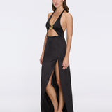 Serres Satin Black Halter Maxi Dress with Cut-Out and Gold Detail