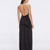 Serres Satin Black Halter Maxi Dress with Cut-Out and Gold Detail