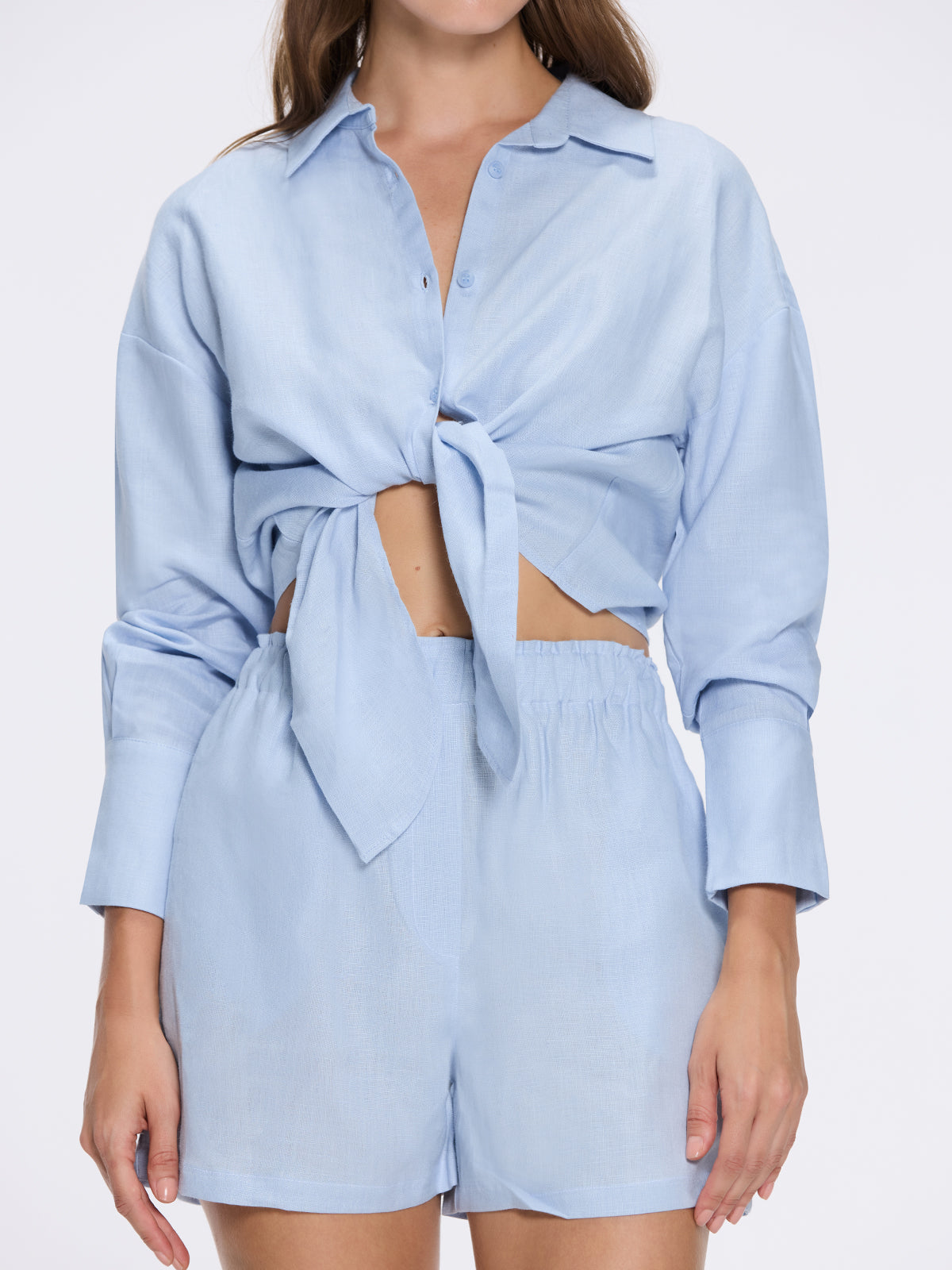 Hanson Blue Long Sleeve Linen Tie Front Shirt | Moeva | Shirt | Each week unveils new pieces—luxury swimwear, fluid resort silhouettes, and elevated summer-to-evening essentials designed to carry you from coastal escapes to city nights.