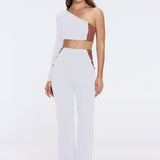 Villamar One-Shoulder Crop Top And Evangeline High Waist White-Brown Pants Set