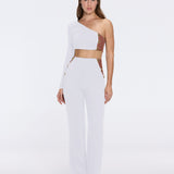 Villamar White-Brown Duo-Tone Gold Button One-Shoulder Crop Top