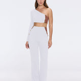 Evangeline White-Brown High-Waist Straight-Leg Pants