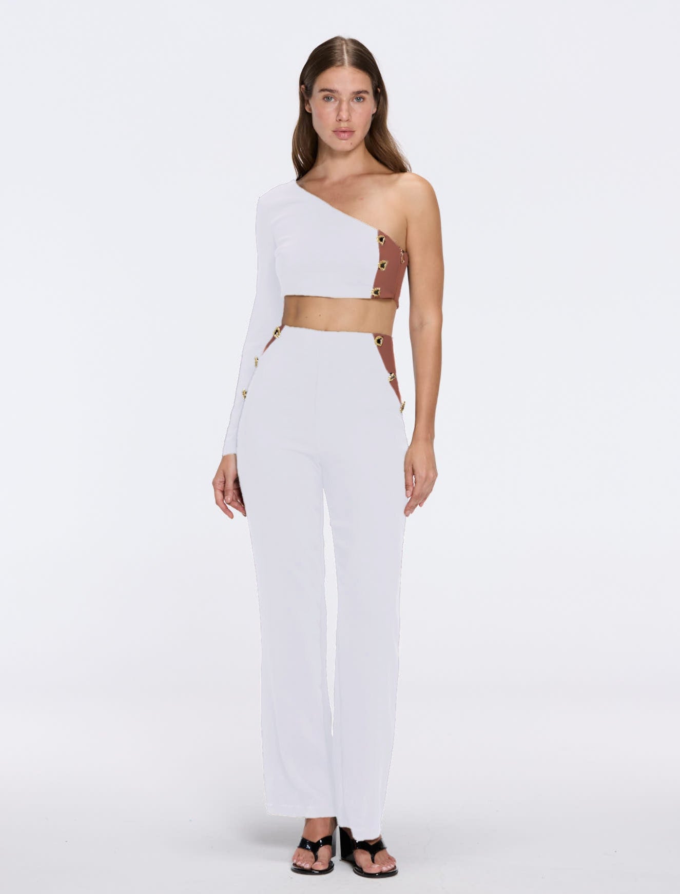 Evangeline White-Brown High-Waist Straight-Leg Pants | Moeva | Women RTW Pants | Each week unveils new pieces—luxury swimwear, fluid resort silhouettes, and elevated summer-to-evening essentials designed to carry you from coastal escapes to city nights.