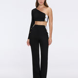Villamar Black-White Duo-Tone Gold Button One-Shoulder Crop Top