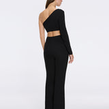 Villamar Black-White Duo-Tone Gold Button One-Shoulder Crop Top