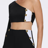 Evangeline Black-White High-Waist Straight-Leg Pants