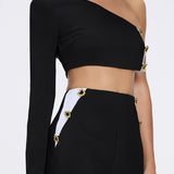 Villamar Black-White Duo-Tone Gold Button One-Shoulder Crop Top