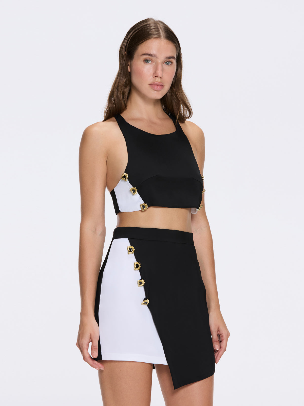 Bodrum Black-White Duo-Colored Enamel Button Top | Moeva | RTW Bustiers | Each week unveils new pieces—luxury swimwear, fluid resort silhouettes, and elevated summer-to-evening essentials designed to carry you from coastal escapes to city nights.