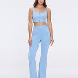 Aureline Blue Knitted Scoop Neck Gold Buttoned Crop Top