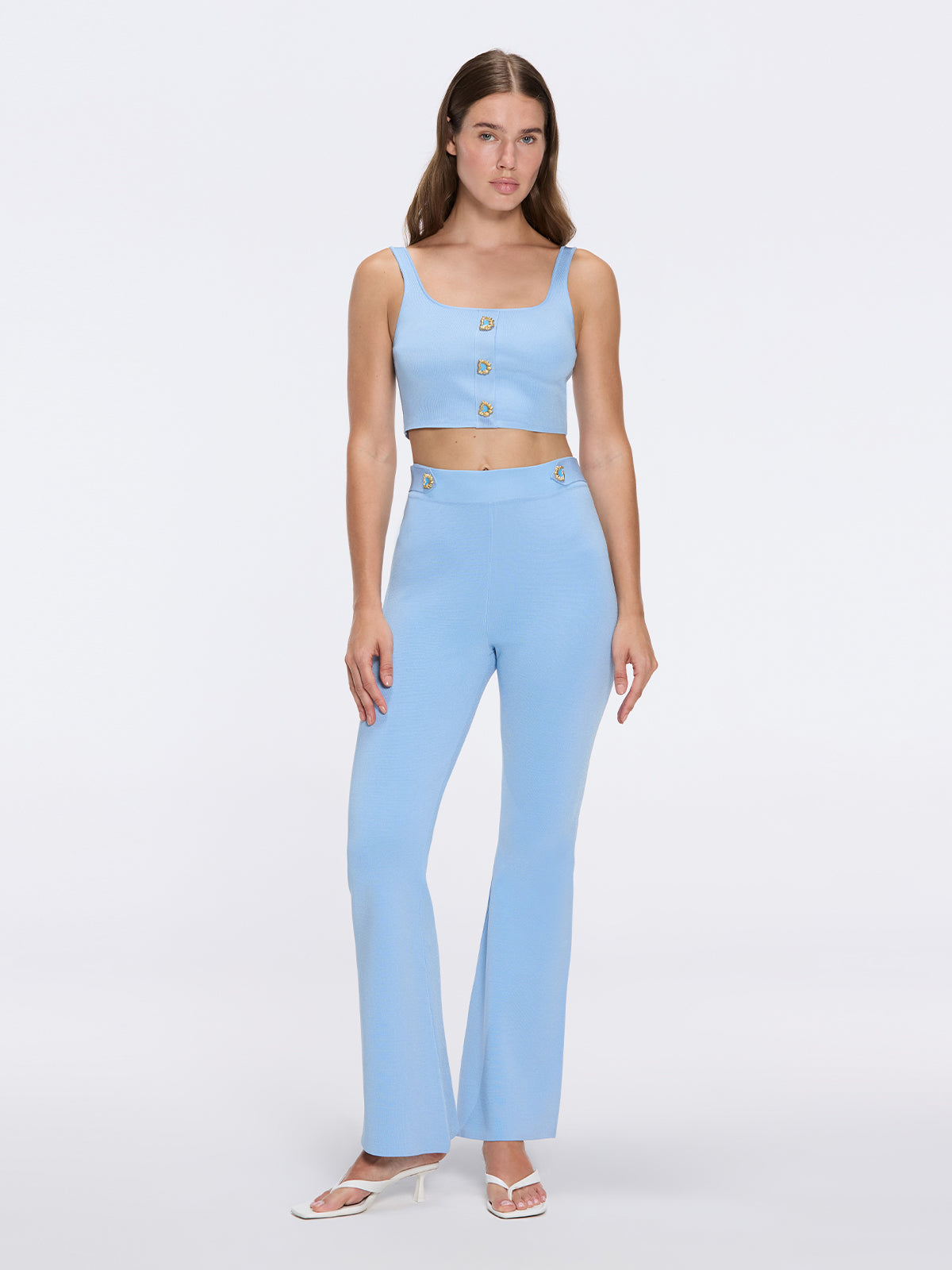 Aureline Top And Colette Knitted High Waist Pants Blue Set | Moeva | Set | Each week unveils new pieces—luxury swimwear, fluid resort silhouettes, and elevated summer-to-evening essentials designed to carry you from coastal escapes to city nights.
