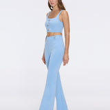 Aureline Blue Knitted Scoop Neck Gold Buttoned Crop Top