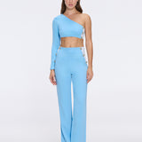 Villamar Blue-White Duo-Tone Gold Button One-Shoulder Crop Top