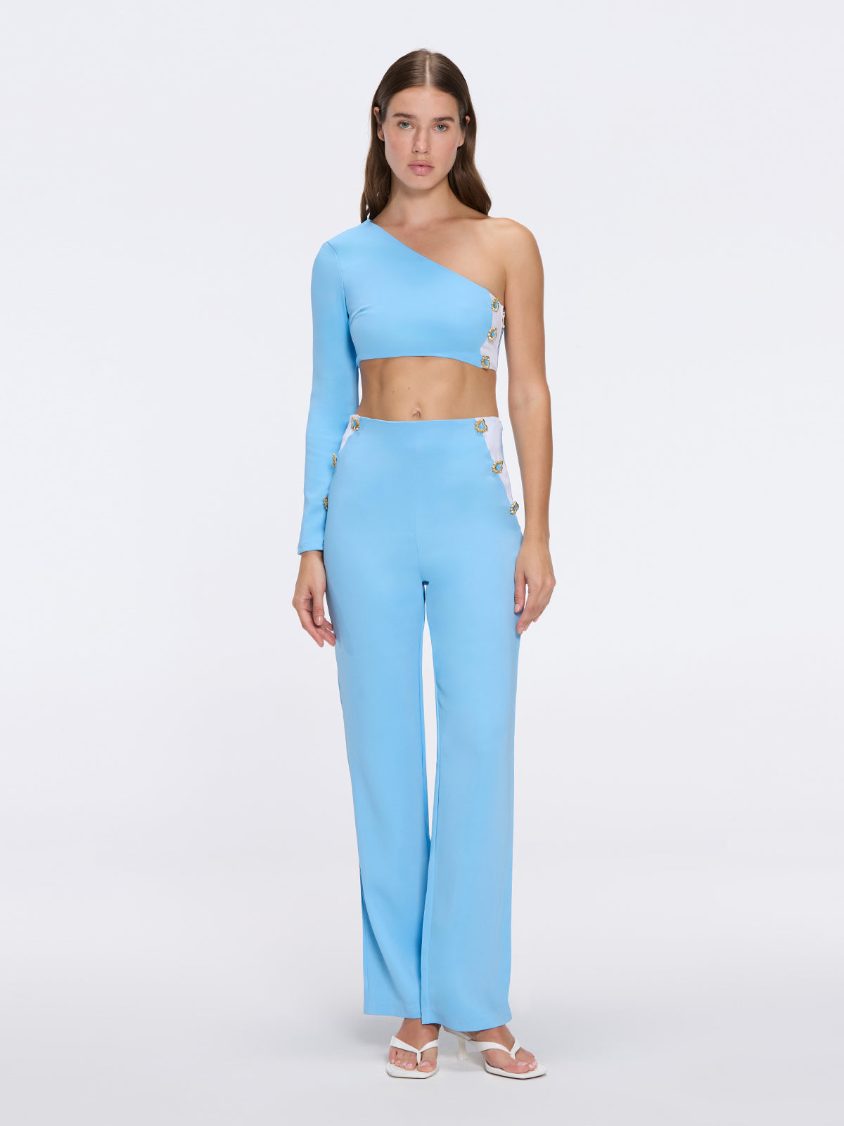 Villamar One-Shoulder Crop Top And Evangeline High Waist Blue-White Pants Set | Moeva | Set | Each week unveils new pieces—luxury swimwear, fluid resort silhouettes, and elevated summer-to-evening essentials designed to carry you from coastal escapes to city nights.