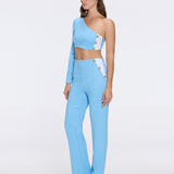 Villamar Blue-White Duo-Tone Gold Button One-Shoulder Crop Top