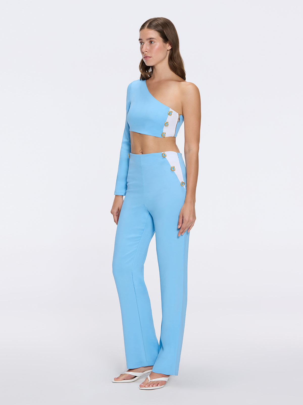 Villamar One-Shoulder Crop Top And Evangeline High Waist Blue-White Pants Set | Moeva | Set | Each week unveils new pieces—luxury swimwear, fluid resort silhouettes, and elevated summer-to-evening essentials designed to carry you from coastal escapes to city nights.