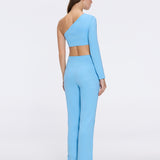 Villamar Blue-White Duo-Tone Gold Button One-Shoulder Crop Top