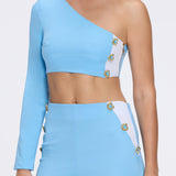 Villamar Blue-White Duo-Tone Gold Button One-Shoulder Crop Top