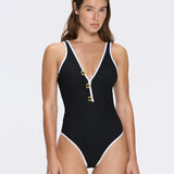 Brie V Neck Button Detail Black Swimsuit
