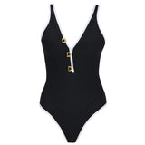Brie V Neck Button Detail Black Swimsuit