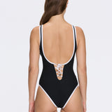 Brie V Neck Button Detail Black Swimsuit