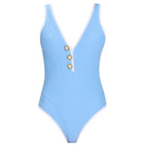 Brie V Neck Button Detail Blue Swimsuit