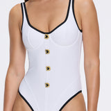 Azurea Underwired Gold Button Detail White Swimsuit