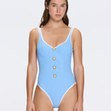Azurea Underwired Gold Button Detail Blue Swimsuit