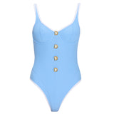 Azurea Underwired Gold Button Detail Blue Swimsuit