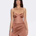 Solea Brown Satin Mini Dress with Gold Chain Strap Detail | Moeva | Dress | Each week unveils new pieces—luxury swimwear, fluid resort silhouettes, and elevated summer-to-evening essentials designed to carry you from coastal escapes to city nights.