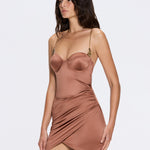 Solea Brown Satin Mini Dress with Gold Chain Strap Detail | Moeva | Dress | Each week unveils new pieces—luxury swimwear, fluid resort silhouettes, and elevated summer-to-evening essentials designed to carry you from coastal escapes to city nights.